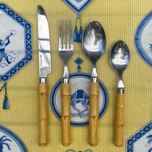 🍴🎋 Faux Bamboo Handle Flatware Set - Knife 🔪, Forks, 2 Spoons🥄 🥄